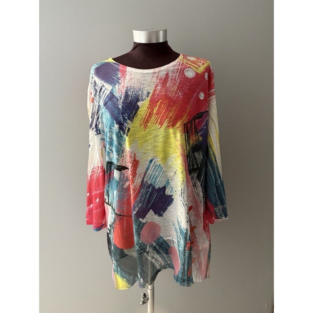 Jess & Jane Top Size Large White Colorful Brushstrokes Art Lagenlook Lightweight
